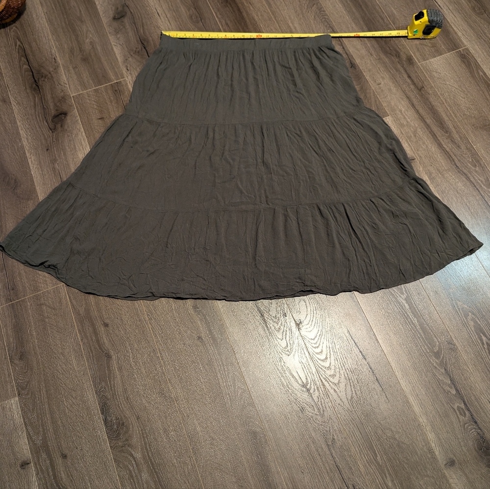 TIME SQUARE - Boho tiered maxi skirt in Olive Green plus size 3X. Pull On Gauzy.